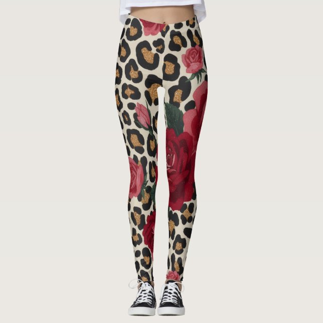 Leopard Röda Rosor Mönster Leggings (Framsida)