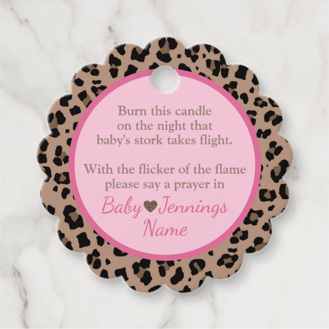 Leopard & Rosa Baby Shower Candle Prayer Gåvor Etiketter (Framsida)