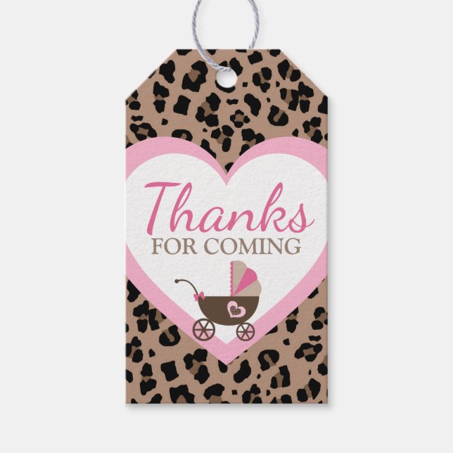 Leopard & Rosa Baby Shower Tack För Att Komma Presentetikett (Framsidan)