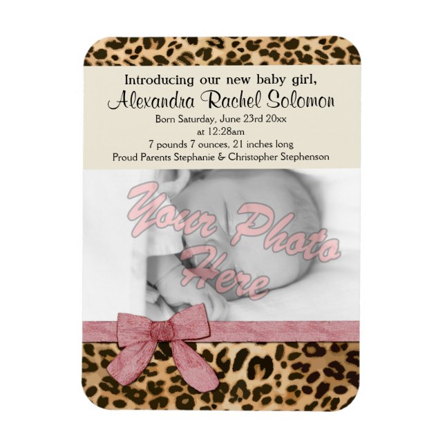 Leopard Rosa Bow Girl Baby Birth Notice Magnet (Vertikal)