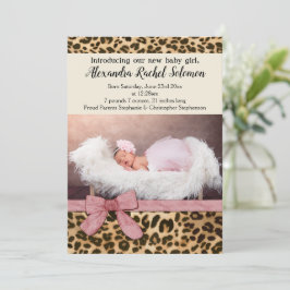 Leopard Rosa Bow Girl Baby Birth Notice Meddelande