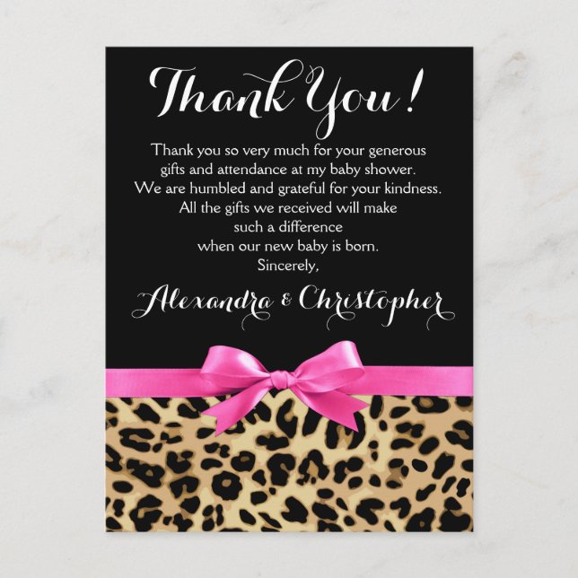 Leopard Rosa Bow Girl Safari Baby Shower Tack Vykort (Framsida)