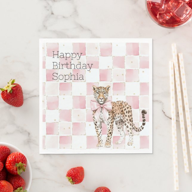 Leopard Rosa Bow Squares Birthday Pappersservett (Insitu)