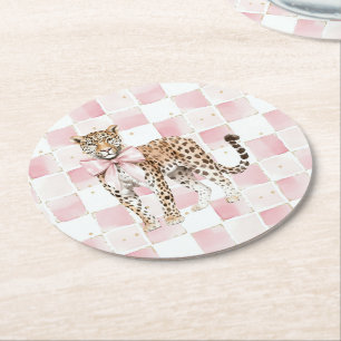 Leopard Rosa Bow Squares Birthday Underlägg Papper Rund
