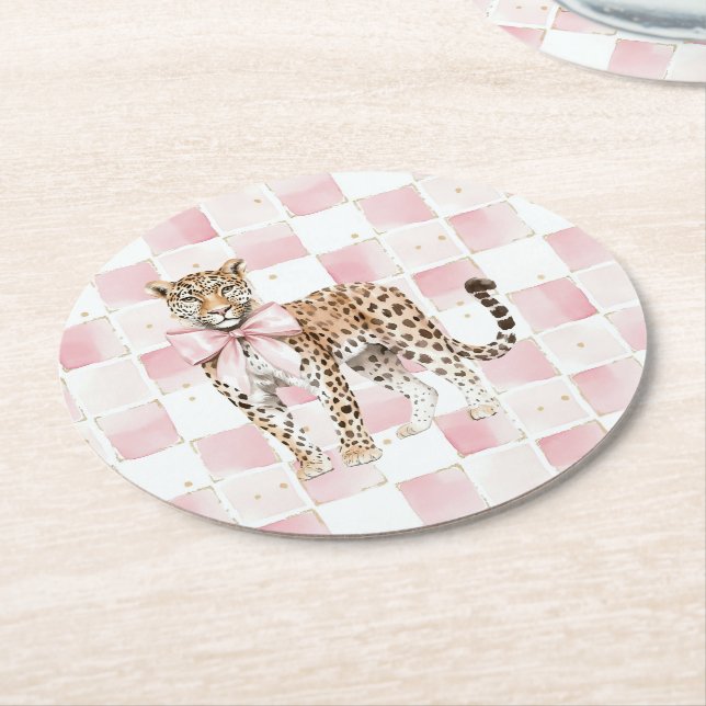 Leopard Rosa Bow Squares Birthday Underlägg Papper Rund (Vinklad)