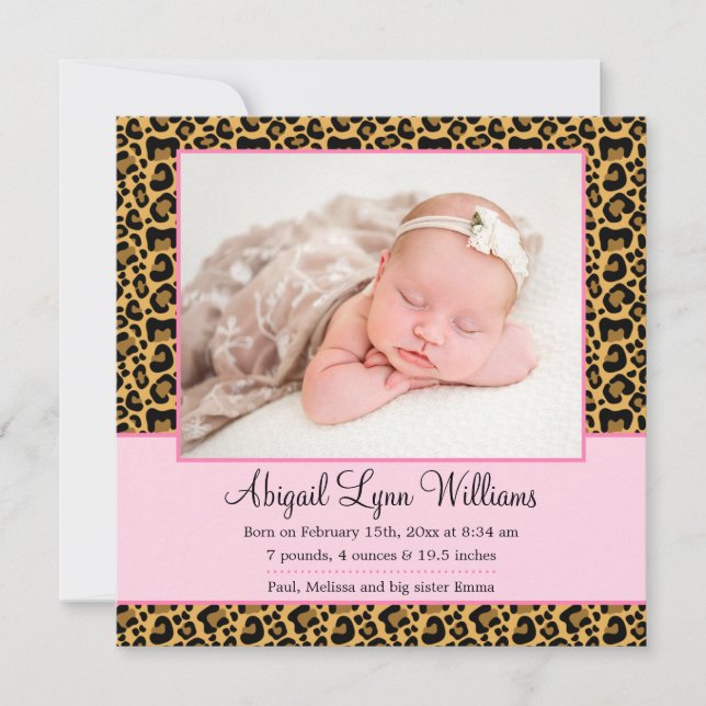 Leopard Rosa Girl Photo Birth Announcement Meddelande (Framsida)