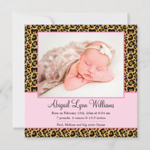 Leopard Rosa Girl Photo Birth Announcement Meddelande