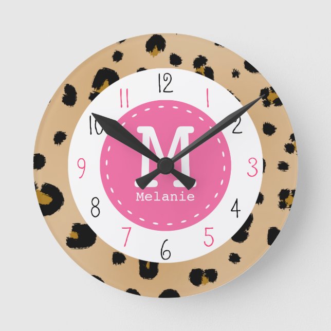 Leopard & Rosa Monogram Clock Rund Klocka (Framsida)