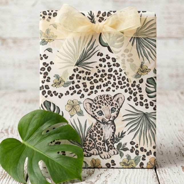 Leopard Safari Kids Floral Jungle Pattern Presentpapper (Cute Baby Leopard Cub Animal Print Yellow Gender Neutral Wrapping Paper. Kids Jungle Safari Birthday)