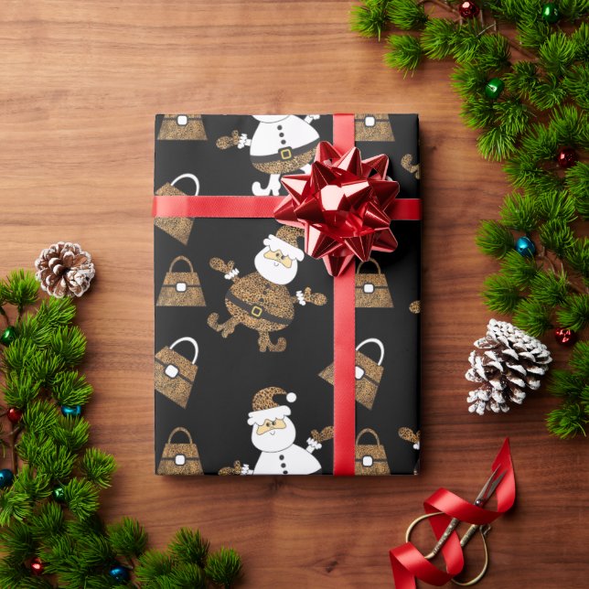 Leopard Santa Handväska Mönster På Svart Presentpapper (Julgåva)