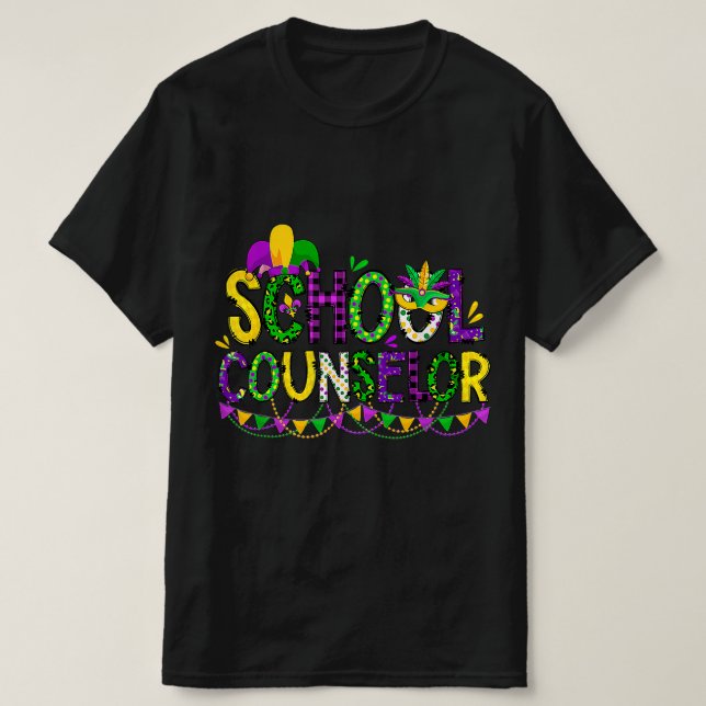 Leopard School Counselor Mardi Gras Tjock Bead tis T Shirt (Design framsida)