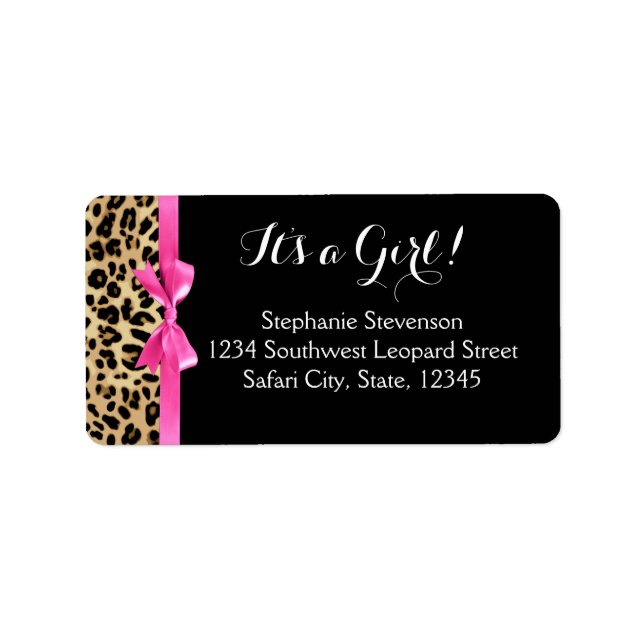 Leopard Shock rosa Bow är en flicka Safari Baby Sh Adressetikett (Framsidan)