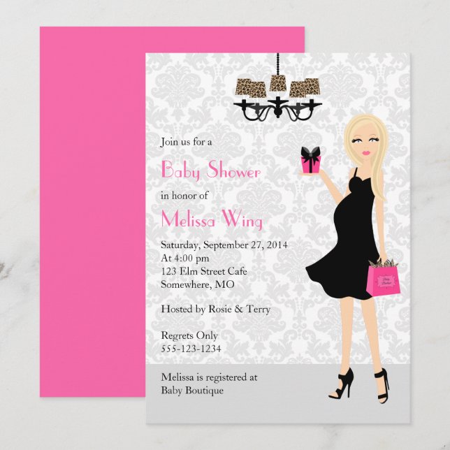 Leopard Shock rosa Gravid Mamma Baby Shower Inbjudningar (Fram/baksida)