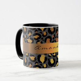 Leopard Skin Black Honung Guld Rand Namn Anpassnin Mugg