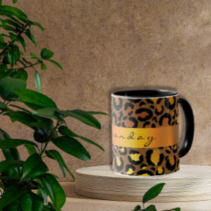 Leopard Skin Black Honung Guld Rand Namn Glam Mugg