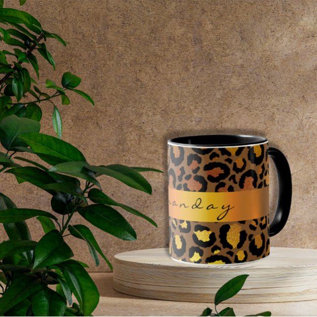 Leopard Skin Black Honung Guld Rand Namn Glam Mugg (Leopard Skin Black Honey Gold Stripe Name Glam Mug)