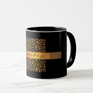 Leopard Skin Black Honung Guld Rand Namn Safari Mugg