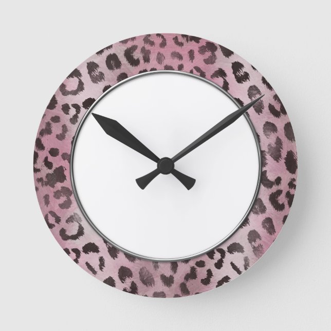 Leopard Skin i rosa Ros Rund Klocka (Framsida)