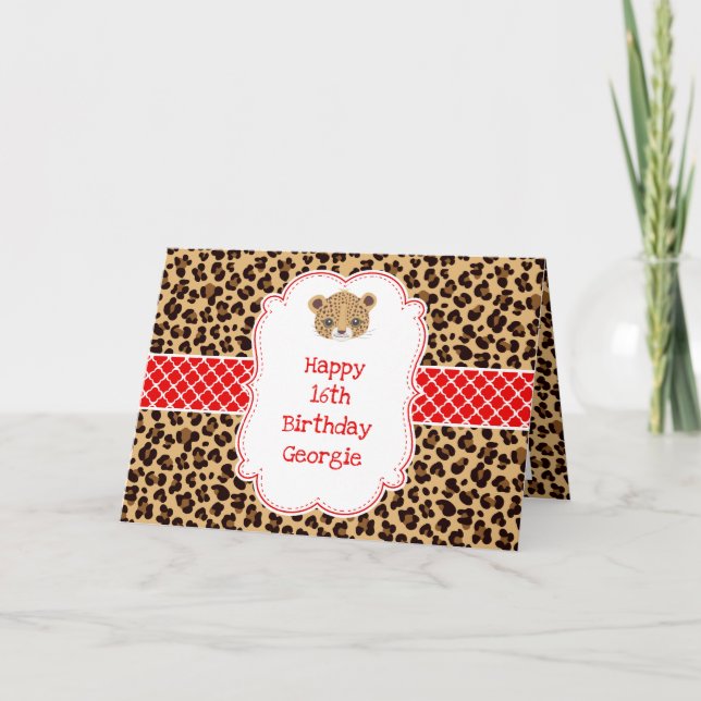 Leopard Skriv ut Red Quatrefoil Birthday Kort (Framsida)
