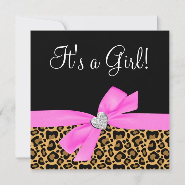 Leopard Skriv ut Rosa Bow Diamond Girl Baby Shower Inbjudningar (Framsida)