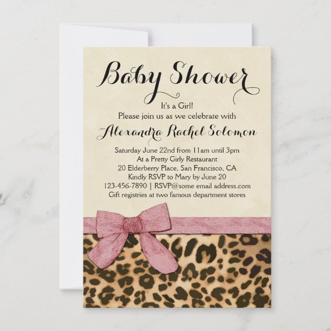 Leopard Skriv ut Rosa Bow Girl Baby Shower-inbjuda Inbjudningar (Framsida)