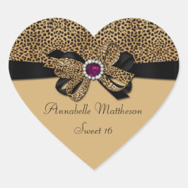Leopard Skriv ut Rosa Jewel Diamonds Sweet 16 Hear Hjärtformat Klistermärke