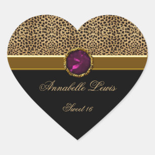 Leopard Skriv ut Rosa Jewel Sweet 16 Heart Sticke Hjärtformat Klistermärke