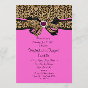 Leopard Skriv ut Rosa judar Diamonds Sweet 16 Inbjudningar