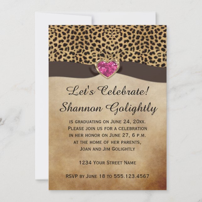 Leopard Skriv ut Studentfesten Rosa Heart Bling Inbjudningar (Framsida)