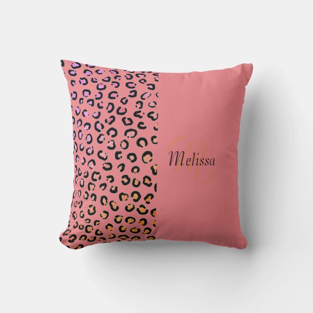 Leopard Skriv ut två ton  Rosa Namn Monogram Kudde (Framsida)