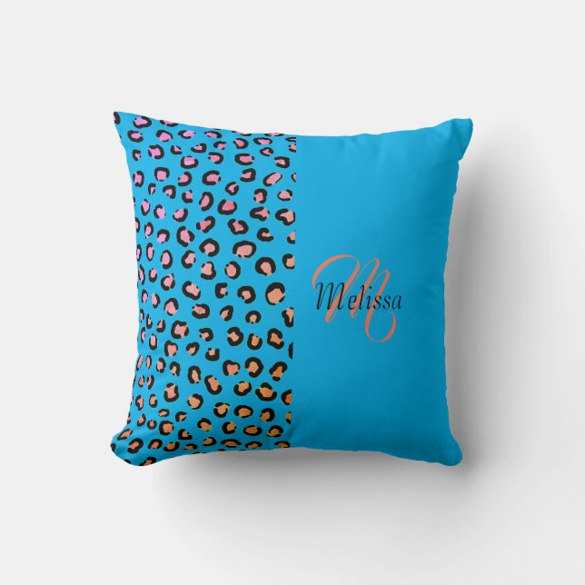 Leopard Skriv ut två tonmetyst Blue Namn Monogram Kudde (Framsida)