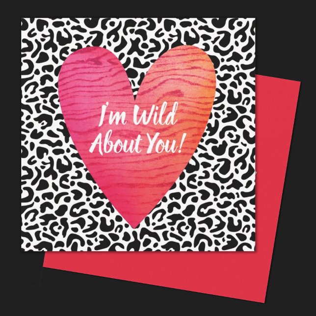Leopard Skriv ut Valentines day Kids Square Anteckningskort (wild about you valentine.  perfect for a kids classroom exchange.personalize it with your kids name.)