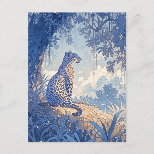 Leopard som sitter i dimmig indigoakrylmålning Sko Vykort (Framsida)