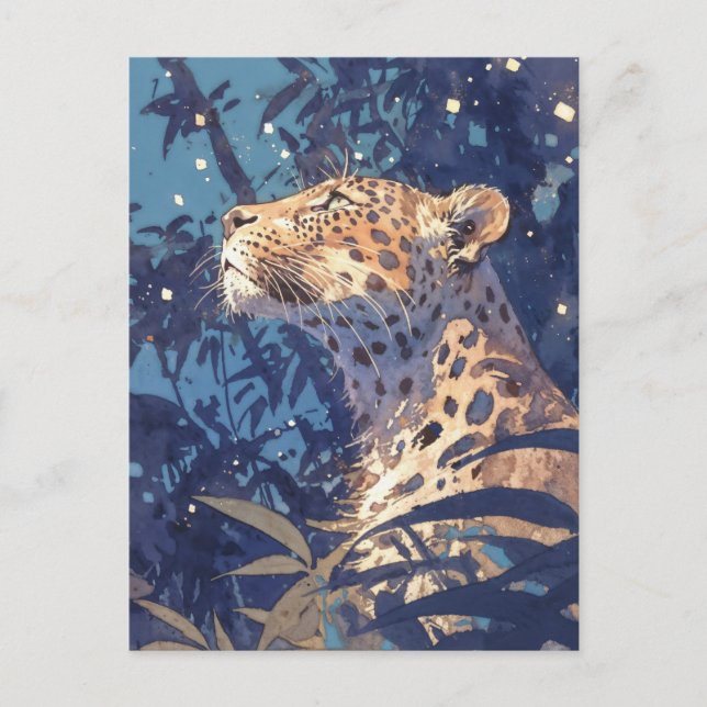 Leopard som tittar upp mot stjärnhimmel i indigo d vykort (Framsida)