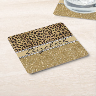 Leopard Spot Guld Glitter Rhinestone PHOTO PRINT Underlägg Papper Kvadrat