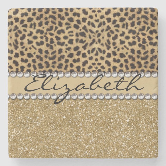 Leopard Spot Guld Glitter Rhinestone PHOTO PRINT Underlägg Sten (Framsidan)