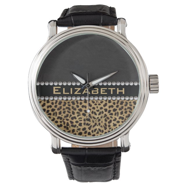 Leopard Spot Rhinestone Diamonds Monogram PHOTO Armbandsur (Framsida)