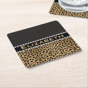 Leopard Spot Rhinestone Diamonds Monogram PHOTO Underlägg Papper Kvadrat