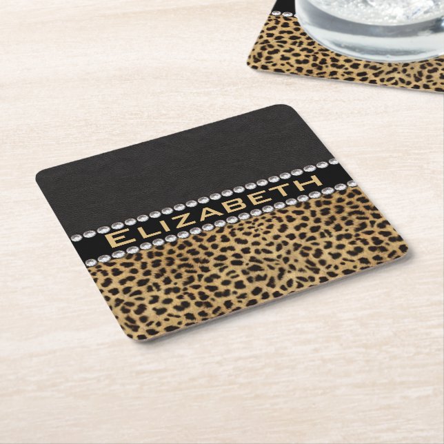 Leopard Spot Rhinestone Diamonds Monogram PHOTO Underlägg Papper Kvadrat (Vinklad)