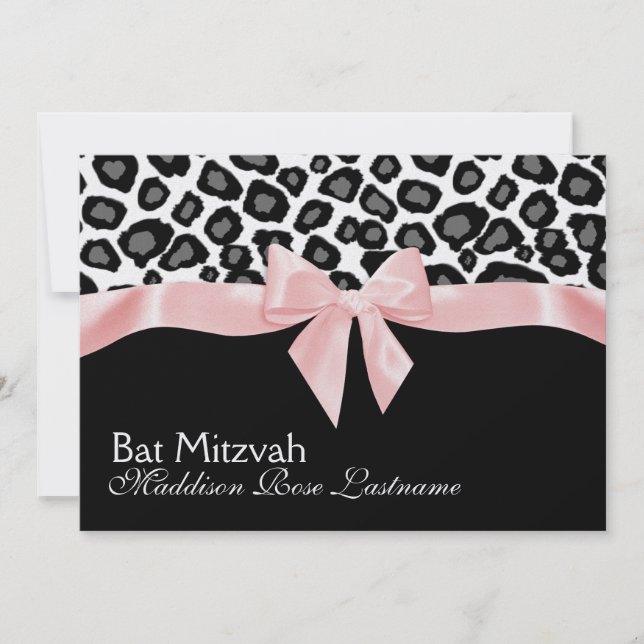 Leopard Spots and Rosa Ribbon Bat mitzvah Inbjudningar (Framsida)