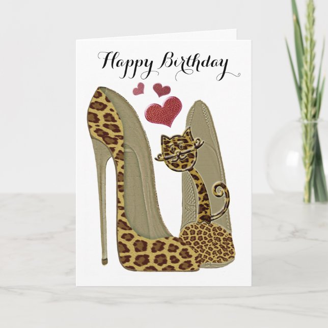 Leopard Stiletto Shoes and Cat Art Kort (Framsida)