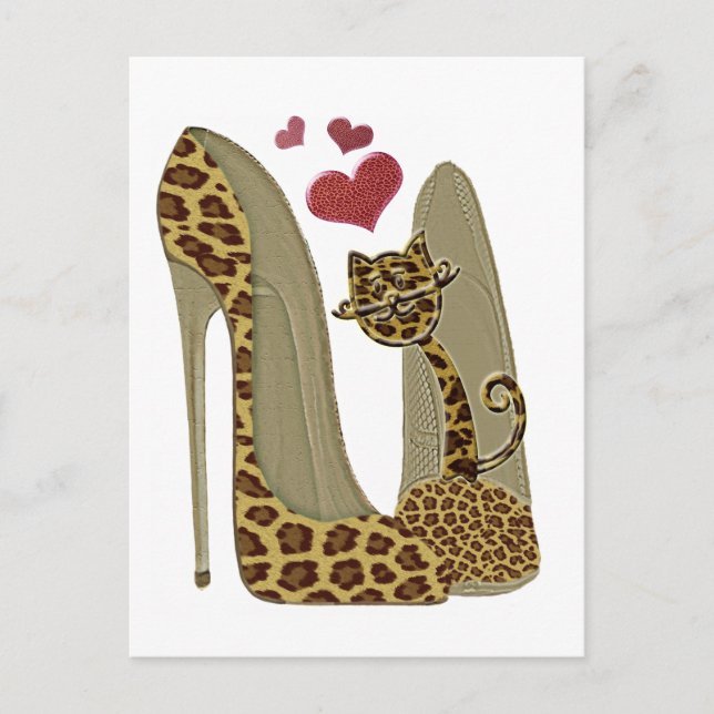 Leopard Stiletto Shoes and Cat Art Vykort (Framsida)