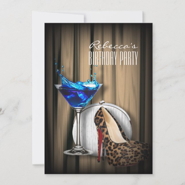 leopard stilettos blue martini cocktail party inbjudningar (Framsida)
