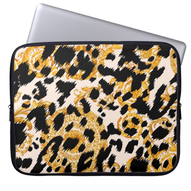 Leopard struktur: guld baroque mönster. laptop fodral (Framsidan)