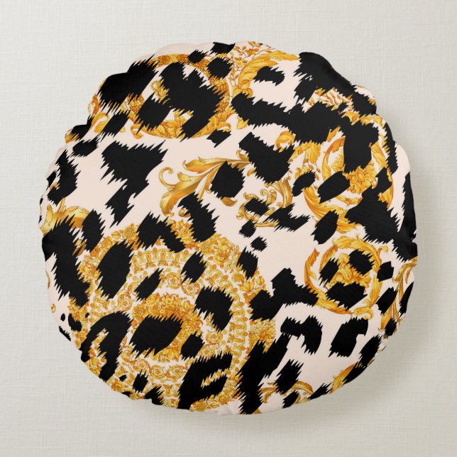 Leopard struktur: guld baroque mönster. rund kudde (Framsidan)