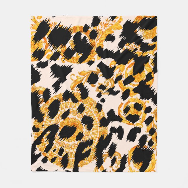 Leopard struktur med guld baroque mönster fleecefilt (Framsidan)