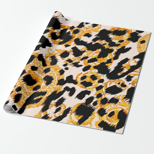 Leopard struktur med guld baroque mönster presentpapper (Utrullad)
