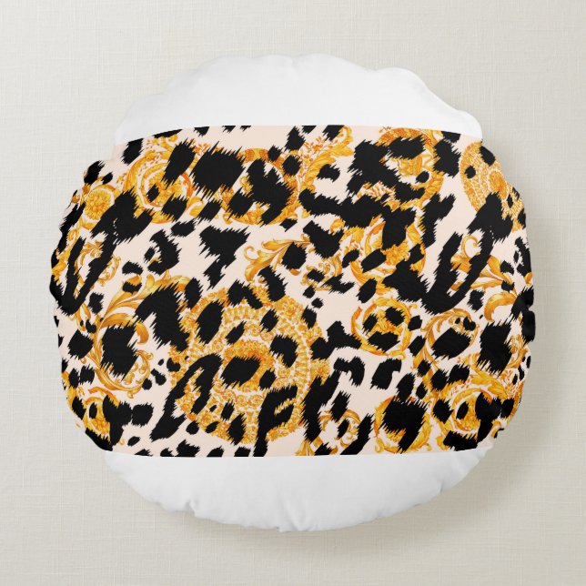 Leopard struktur med guld baroque mönster rund kudde (Framsidan)
