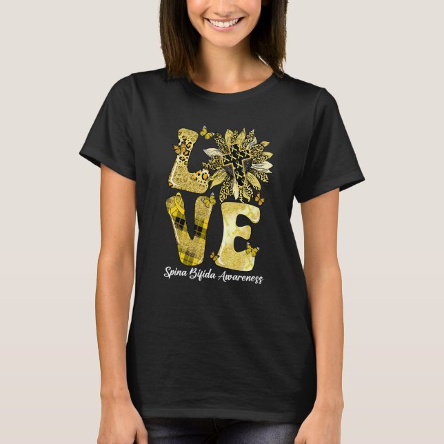 Leopard Sunflower LOVE Yellow Ribbon Spina Bifida  T Shirt (Framsida)