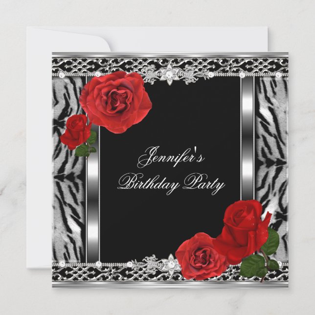 Leopard Svart Födelsedag Röd Ros Blommor Alla Åldr Inbjudningar (Framsida)